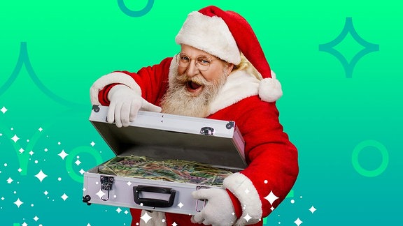 Weihnachtsmann in der Hand mit einem Koffer voller Geld