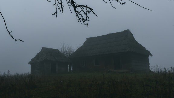 Ein einsames altes Bauernhaus im Nebel