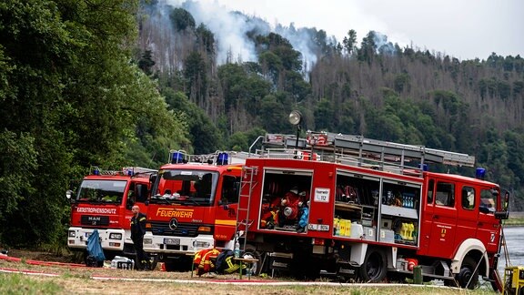Blick auf Rauchsäulen und Feuerwehren in der Nähe von Schmilka: Über 400 Retter versuchen, die Flammen einzudämmen