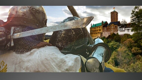 Bildmontage: Die Wartburg im Hintergrund, Ritter im Vordergrund